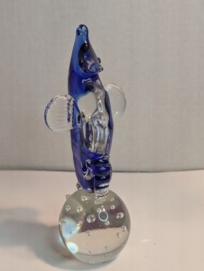 Whimsical Hand Blown Clear Glass And Cobalt Blue Seahorse On Bubble Ball.